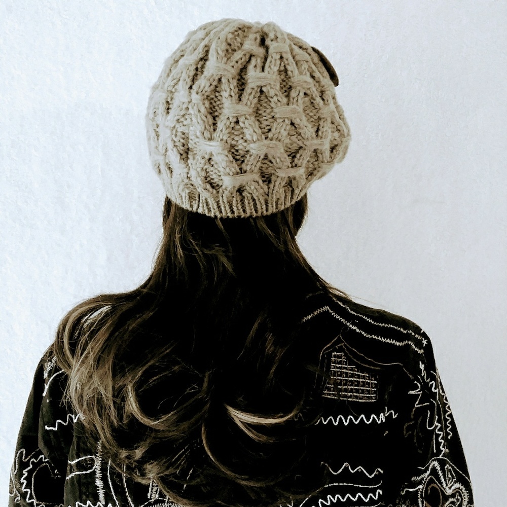 SALE! Mocha Slouchy Chunky Knit Beret Hat - Picture 3 of 4
